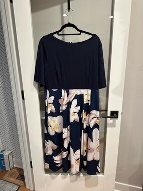 Navy Floral Midi Dress with Blush and Cream Blooms